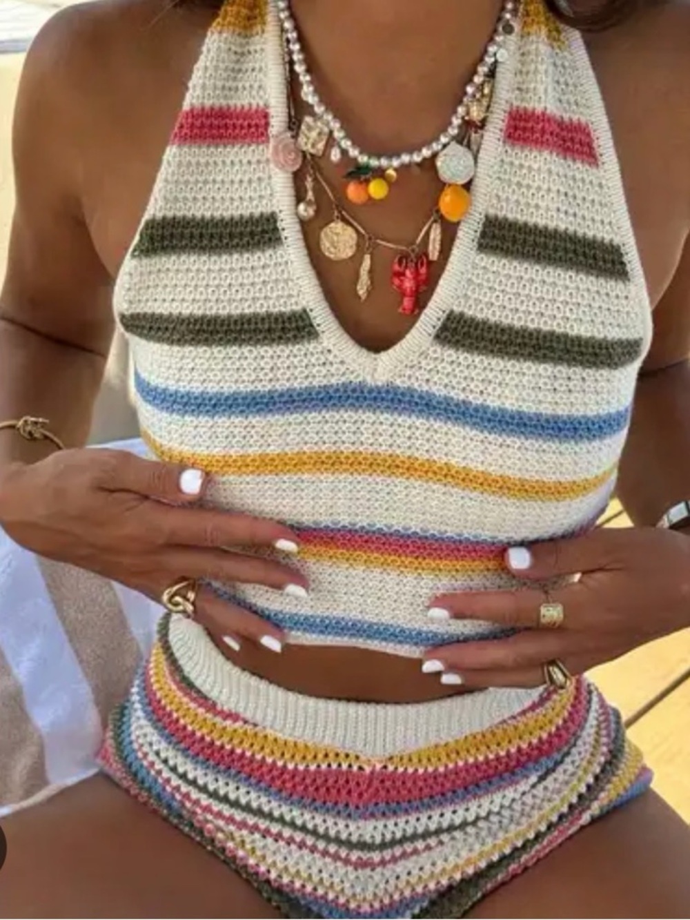 Zara Cream Knit Tank Top with Yellow, Blue, Green and Pink Stripes